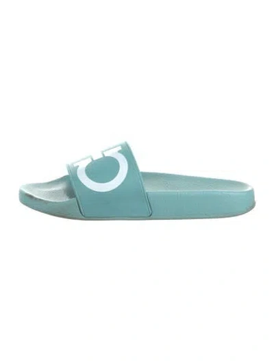 Pre-owned Ferragamo Rubber Graphic Print Slides In Blue