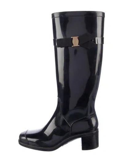 Pre-owned Ferragamo Rubber Grosgrain Trim Rain Boots In Black