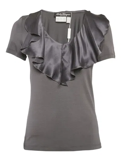 Pre-owned Ferragamo Ruffle-neck T-shirt In Gray