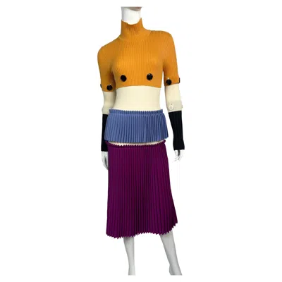Pre-owned Ferragamo Runway Salvatore  Buttons Accented Color Block Tiered Dress, Fw 2016 In Purple