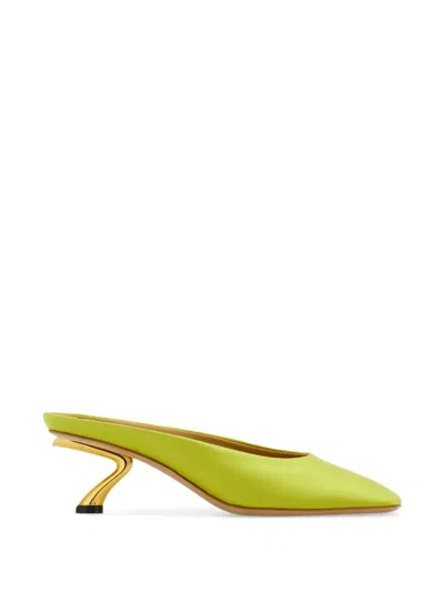 Ferragamo Safi Satin Mules Pointed Toe Sculptural Heel In Yellow