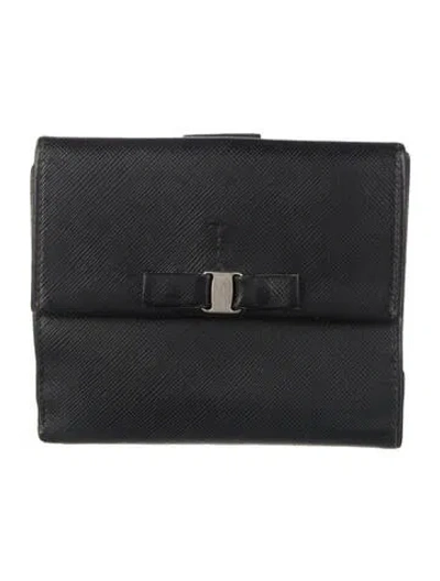 Pre-owned Ferragamo Saffiano Leather Bifold Wallet In Black