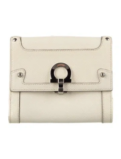 Pre-owned Ferragamo Saffiano Leather Bifold Wallet In Neutrals/yellow