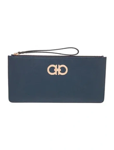 Pre-owned Ferragamo Saffiano Leather Clutch In Blue
