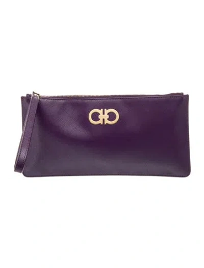 Pre-owned Ferragamo Saffiano Leather Clutch In Purple