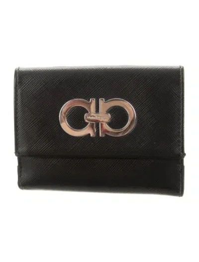Pre-owned Ferragamo Saffiano Leather Compact Wallet In Black