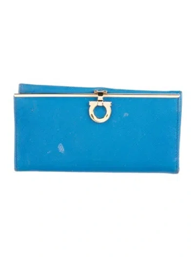 Pre-owned Ferragamo Saffiano Leather Compact Wallet In Blue