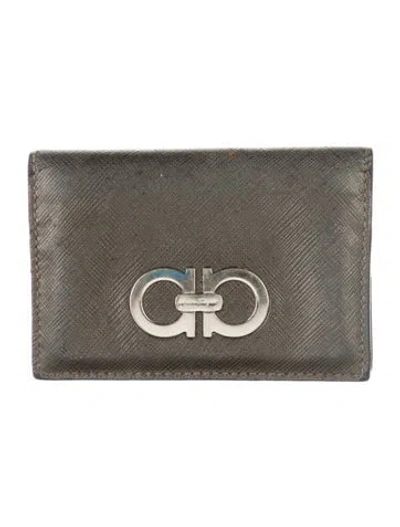 Pre-owned Ferragamo Saffiano Leather Compact Wallet In Gray