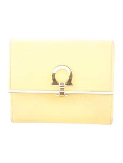 Pre-owned Ferragamo Saffiano Leather Compact Wallet In Yellow