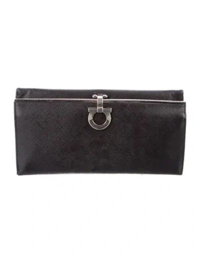Pre-owned Ferragamo Saffiano Leather Continental Wallet In Black