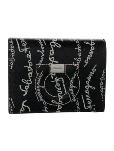 Pre-owned Ferragamo Saffiano Leather Graphic Print Bifold Wallet In Black