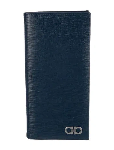 Pre-owned Ferragamo Saffiano Leather Printed Continental Wallet In Blue