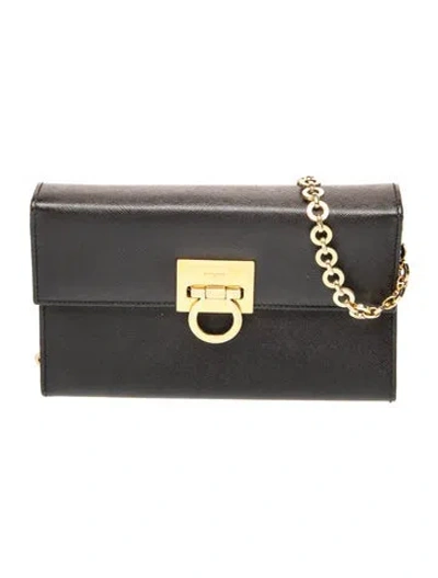 Pre-owned Ferragamo Saffiano Leather Shoulder Bag In Black
