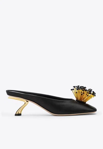 Ferragamo Black Heeled Sandals With Crystal Decoration On The Front In Fabric For Women