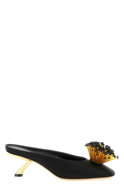 Ferragamo Black Sandals With Low Heel And Crystal Embellishment On The Front In Fabric Woman