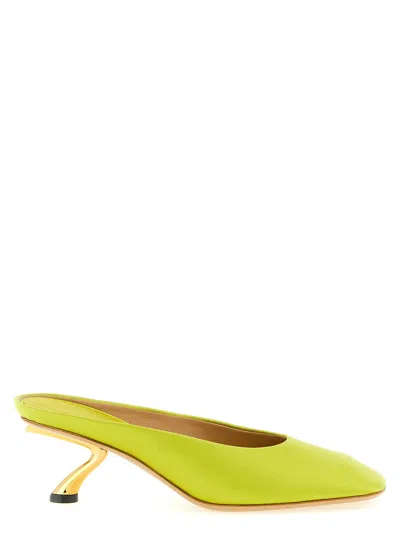 Ferragamo Safi Satin Mules Square Toe Sculptural Heel In Green