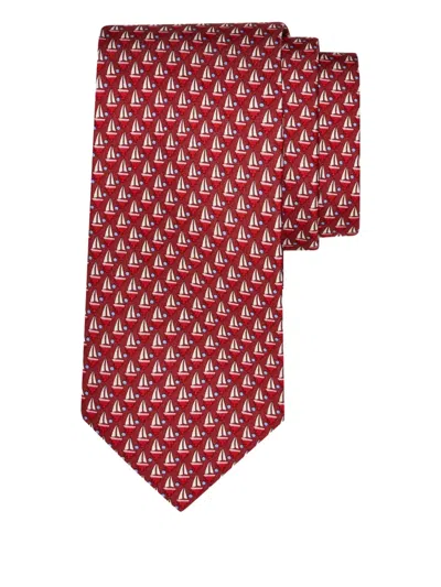 Ferragamo Sailing Boat Print Silk Tie In Red