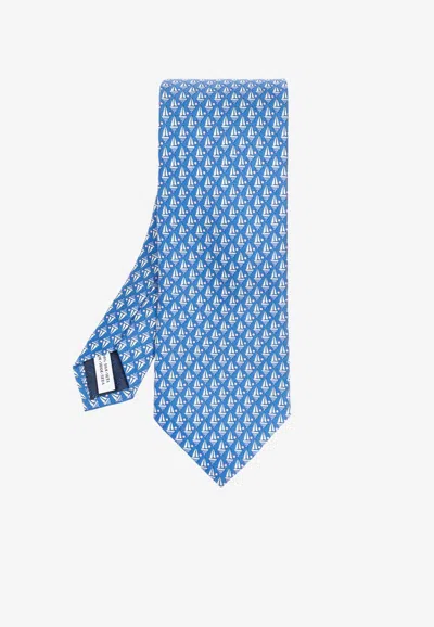 Ferragamo Sailing Ship Print Silk Tie In Blue