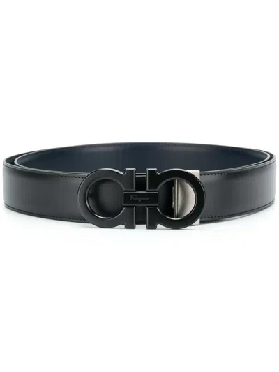 Ferragamo Reversible Leather Belt With Buckle Detail In Black