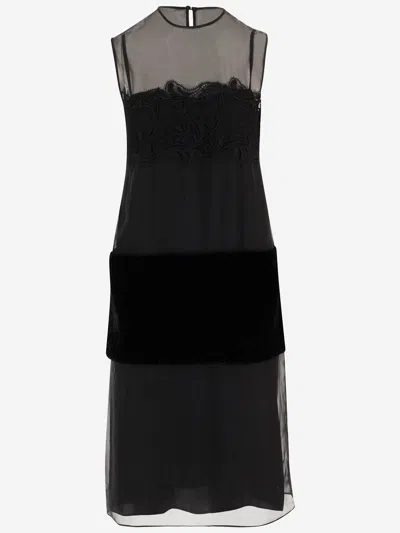 Ferragamo Salvatore  Acetate And Silk Dress With Inlays In Black