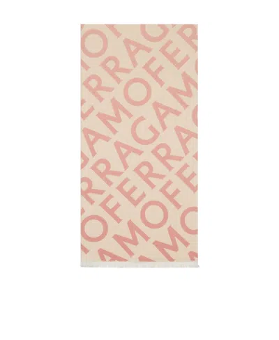Ferragamo Logo Intarsia-knit Fringed Scarf In Nude