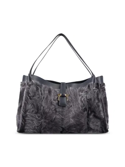 Ferragamo Fur Panelled Tote Bag In Gray