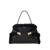 Ferragamo Hug Shearling-trimmed Leather Shoulder Bag In Black