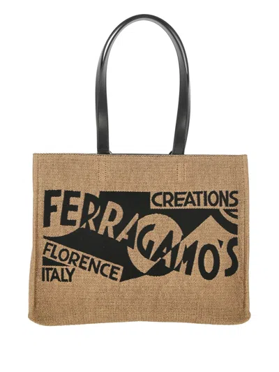 Ferragamo Small Tt Sign Woven Raffia Tote Bag In Brown