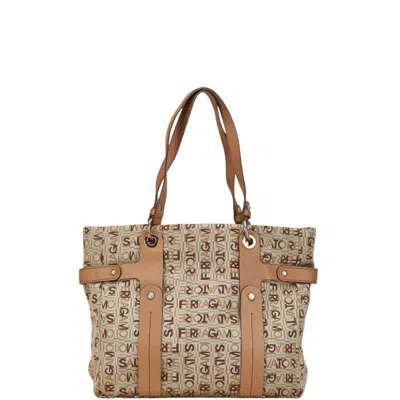 Pre-owned Ferragamo Salvatore  Beige Gray Canvas Leather Shoulder Bag Tote Bag ()