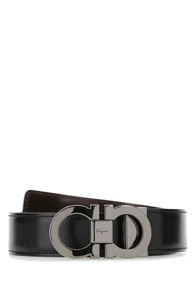 Ferragamo Black Reversible Belt With Gancini Buckle In Hammered Leather Man