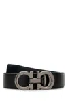 Ferragamo Adjustable Reversible Leather Belt With Textured Finish In Black