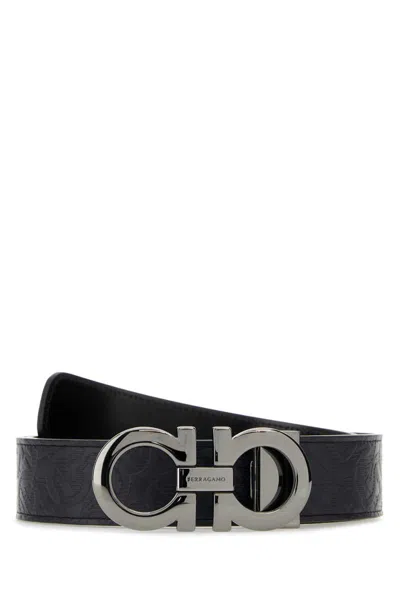 Ferragamo Navy Blue Leather Reversible Belt In Black