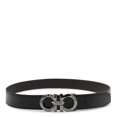 Ferragamo Black Leather Gancini Belt In Red