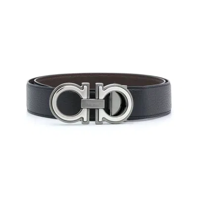 Ferragamo Elegant Reversible Leather Belt With Metallic Buckle In Black
