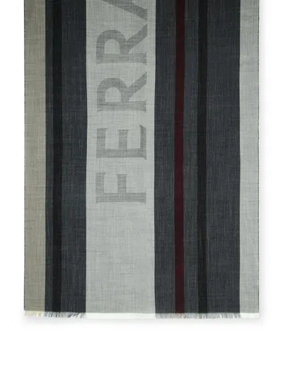 Ferragamo Salvatore  'big Logo' Grey Silk Blend Scarf