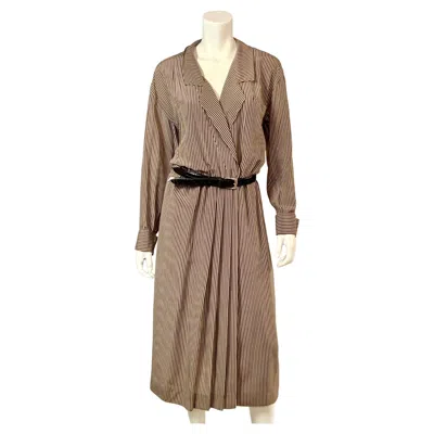 Pre-owned Ferragamo Salvatore  Black And Tan Striped Silk Wrap Dress
