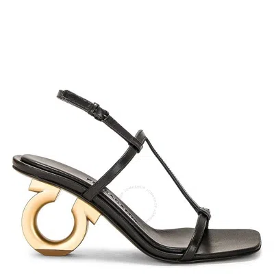 FERRAGAMO SALVATORE FERRAGAMO BLACK ELINA T-STRAP GANCINI SANDALS