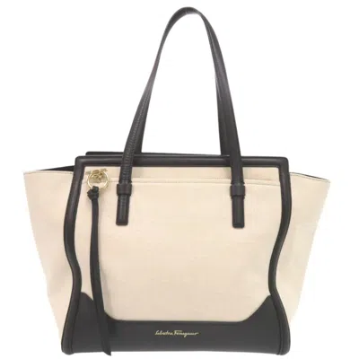 Pre-owned Ferragamo Salvatore  Black Ivory Leather Canvas Tote Bag () In Black, Ivory