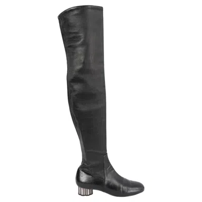 Pre-owned Ferragamo Salvatore  Black Leather 2017 Flat Over Knee Boots Shoes 7.5