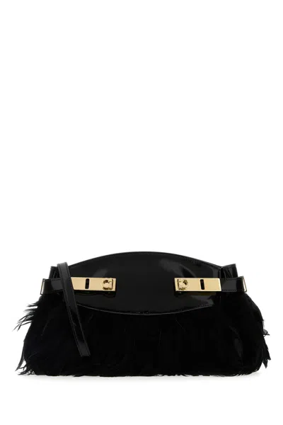 FERRAGAMO CLUTCH HUG NERA IN PELLE E PIUME DONNA