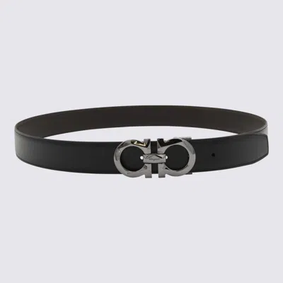 Ferragamo Black Leather Gancini Belt In Red