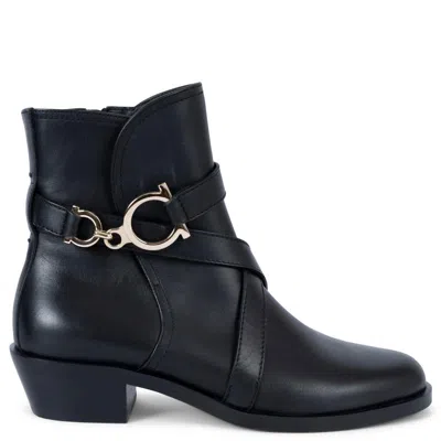 Pre-owned Ferragamo Salvatore  Black Leather Shadi Ankle Boots Shoes 8.5