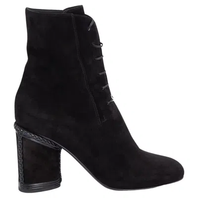 Pre-owned Ferragamo Salvatore  Black Suede Chana Lace-up Block Heel Ankle Boots Shoes 40.5