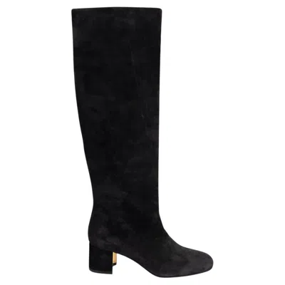 Pre-owned Ferragamo Salvatore  Black Suede Vetto 55 Knee High Boots Shoes 5.5