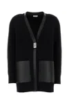 Ferragamo Wool Cardigan With Leather Trim And Pockets In Black