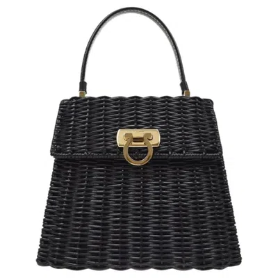 Pre-owned Ferragamo Salvatore  Black Woven Wicker Gold Top Handle Kelly Style Evening Bag