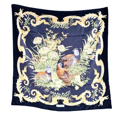 Pre-owned Ferragamo Salvatore  Black Yellow Green Birds Silk Scarf