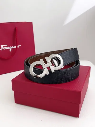 Pre-owned Ferragamo Salvatore  Black/brown Double Sided Adjustable Belt Silvery Buckle