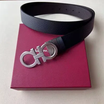 Pre-owned Ferragamo Salvatore  Black/brown Men's Double Gancini Silvery Buckle Leather Belt