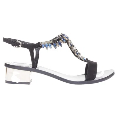 Pre-owned Ferragamo Salvatore  Blue Crystal Black Suede Low Block Heel Tstrap Sandals Uk6.5